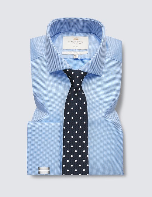 Non Iron Blue Fabric Interest Relaxed Slim Fit Shirt With Windsor Collar - French Cuffs 