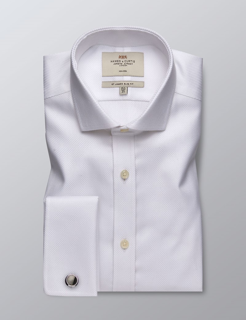 Men's Business White Fabric Interest Slim Fit Shirt - Double Cuff - Non Iron