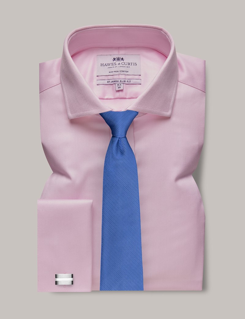 Men's Non-Iron Pink Herringbone Slim Stretch Shirt - Windsor Collar ...