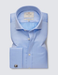 Non Iron Blue Pique Relaxed Slim Fit Shirt With Windsor Collar - Double Cuffs