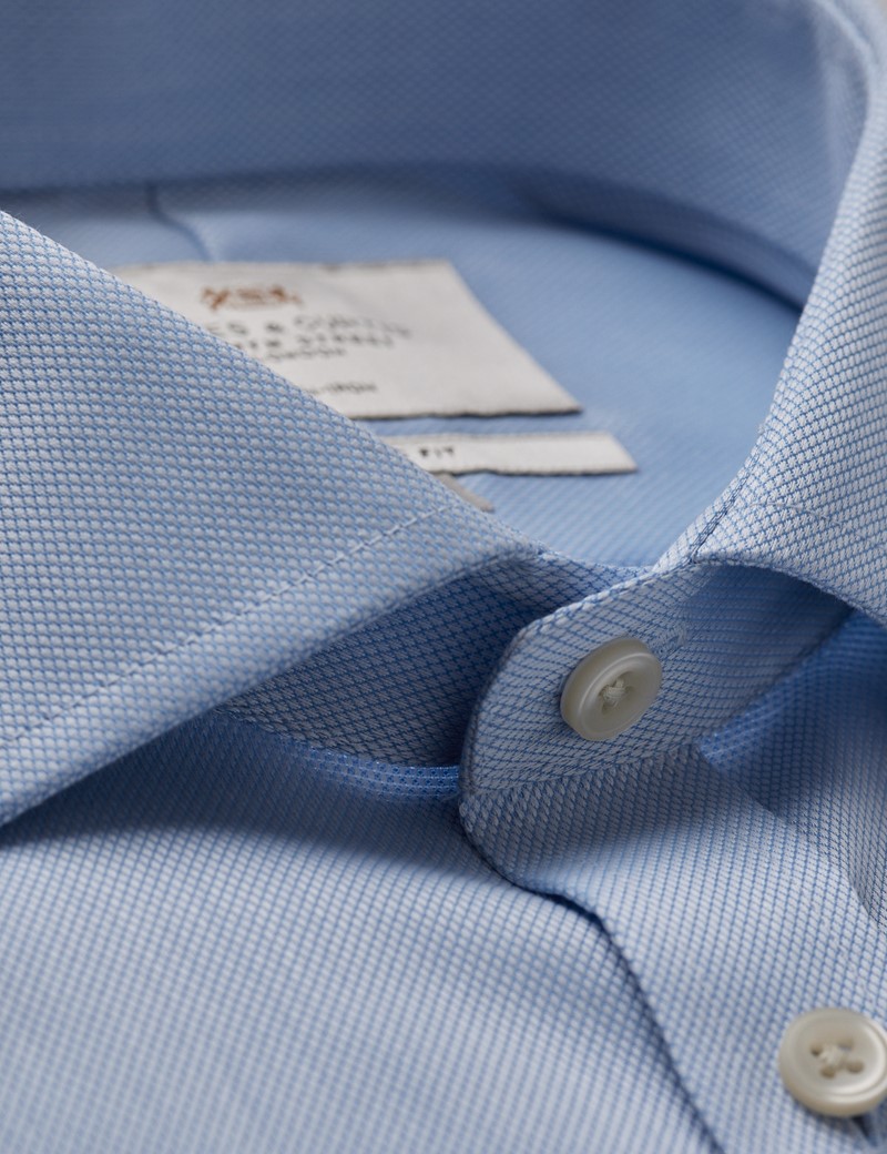 Men's Non Iron Blue Pique Slim Shirt - Windsor Collar - Double Cuff