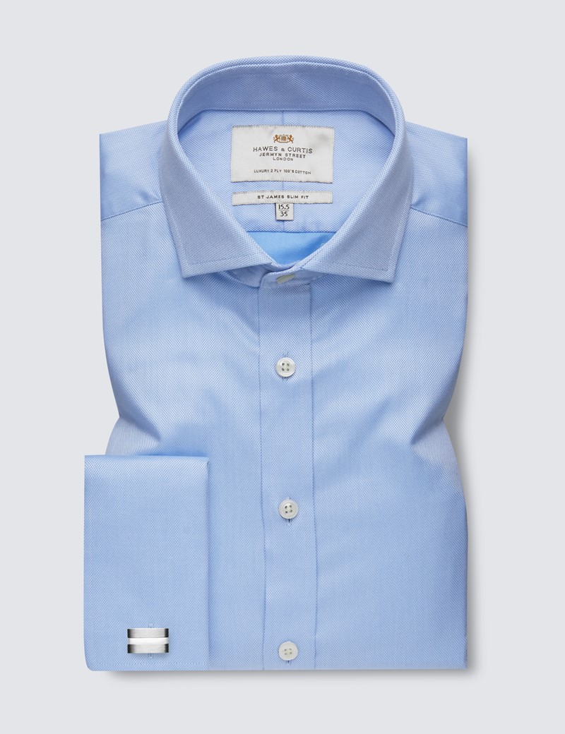 Men's Business Blue Pique Slim Fit Shirt - Windsor Collar - Double Cuff - Easy Iron