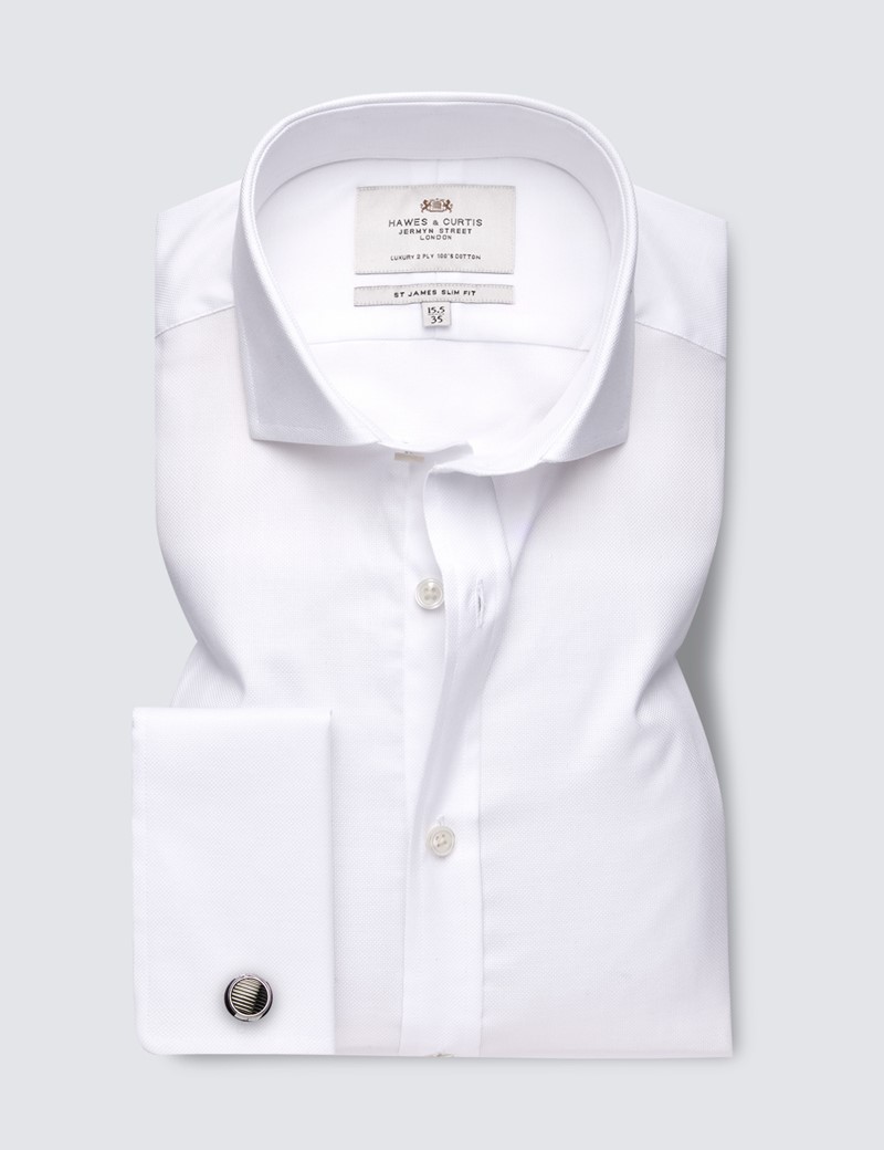Easy Iron White Oxford Relaxed Slim Fit Shirt with Windsor Collar - Double Cuffs