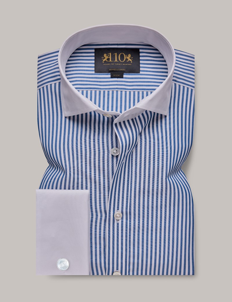 Men's 110th Anniversary Premium Blue & White Poplin Bengal Stripe Slim ...