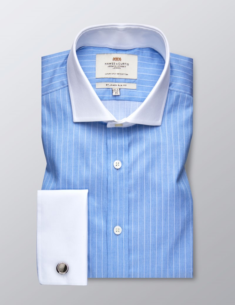 Men's Dress Blue & White Tonal Stripe Slim Fit Shirt - French Cuff ...