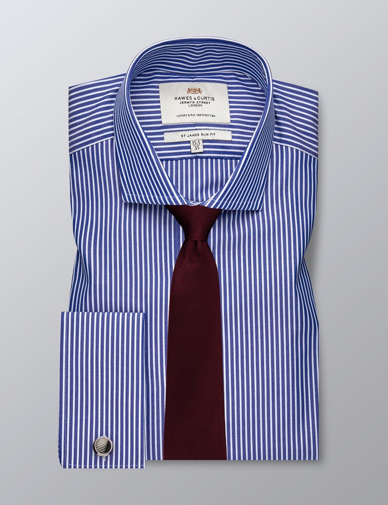Men's Formal Navy & White Tonal Stripe Slim Fit Shirt Double Cuff
