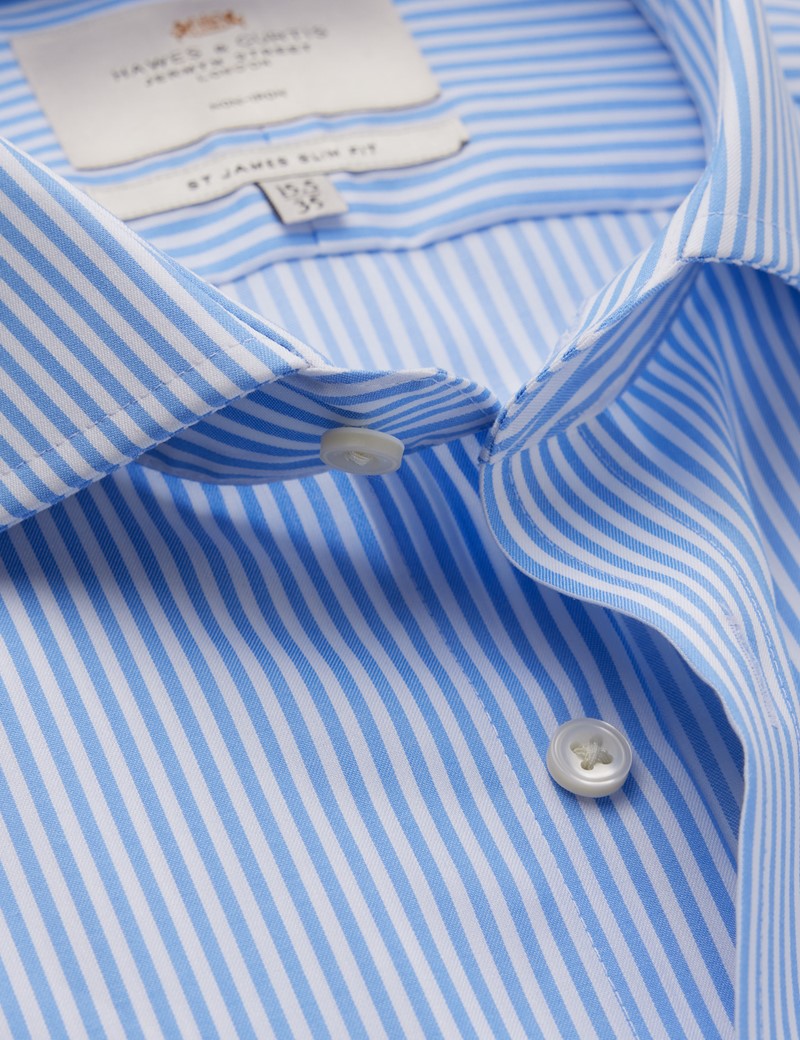 Non Iron Blue & White Bengal Stripe Relaxed Slim Fit Shirt With Windsor Collar - Double Cuffs 