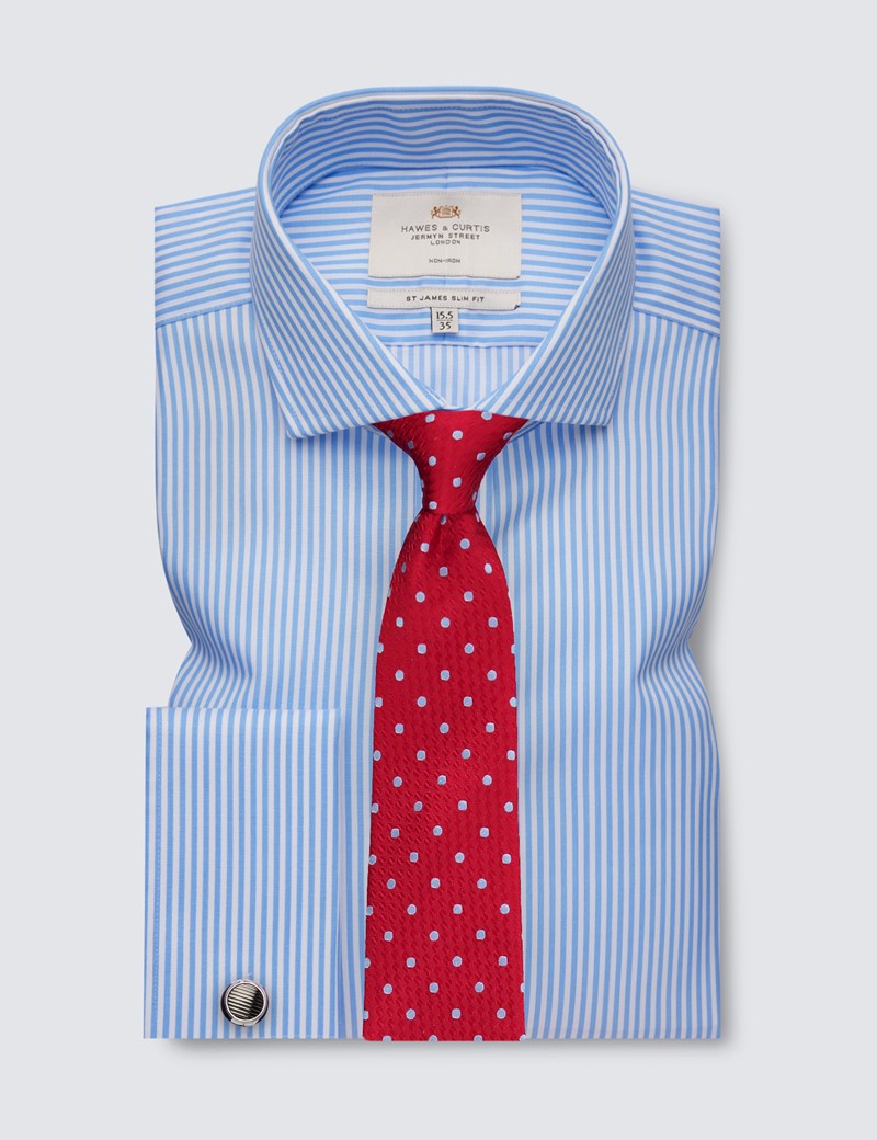 Non Iron Blue & White Bengal Stripe Relaxed Slim Fit Shirt With Windsor Collar - Double Cuffs 