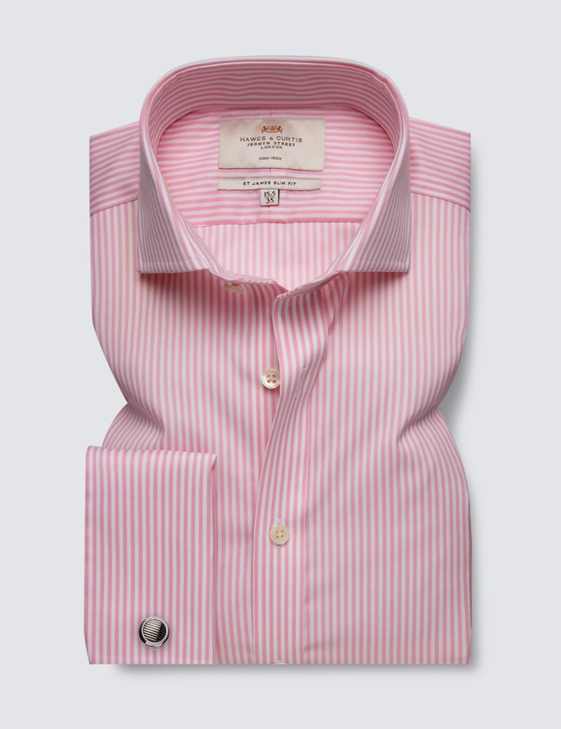 Men's Non-Iron Pink & White Bengal Stripe Slim Fit Shirt With Windsor ...