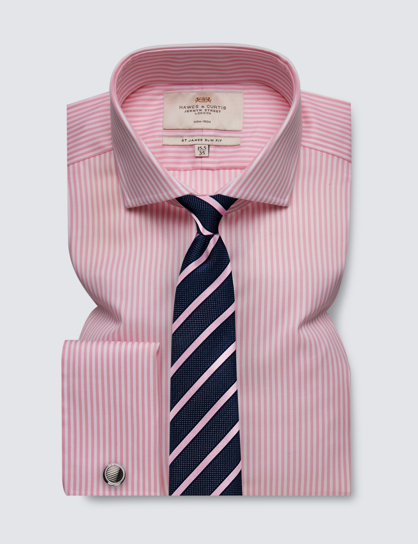 Hawes & Curtis Women's Executive Pink Pine Stripe Fitted Shirt with White Collar in White/Pink | Size 4 | Single Cuff