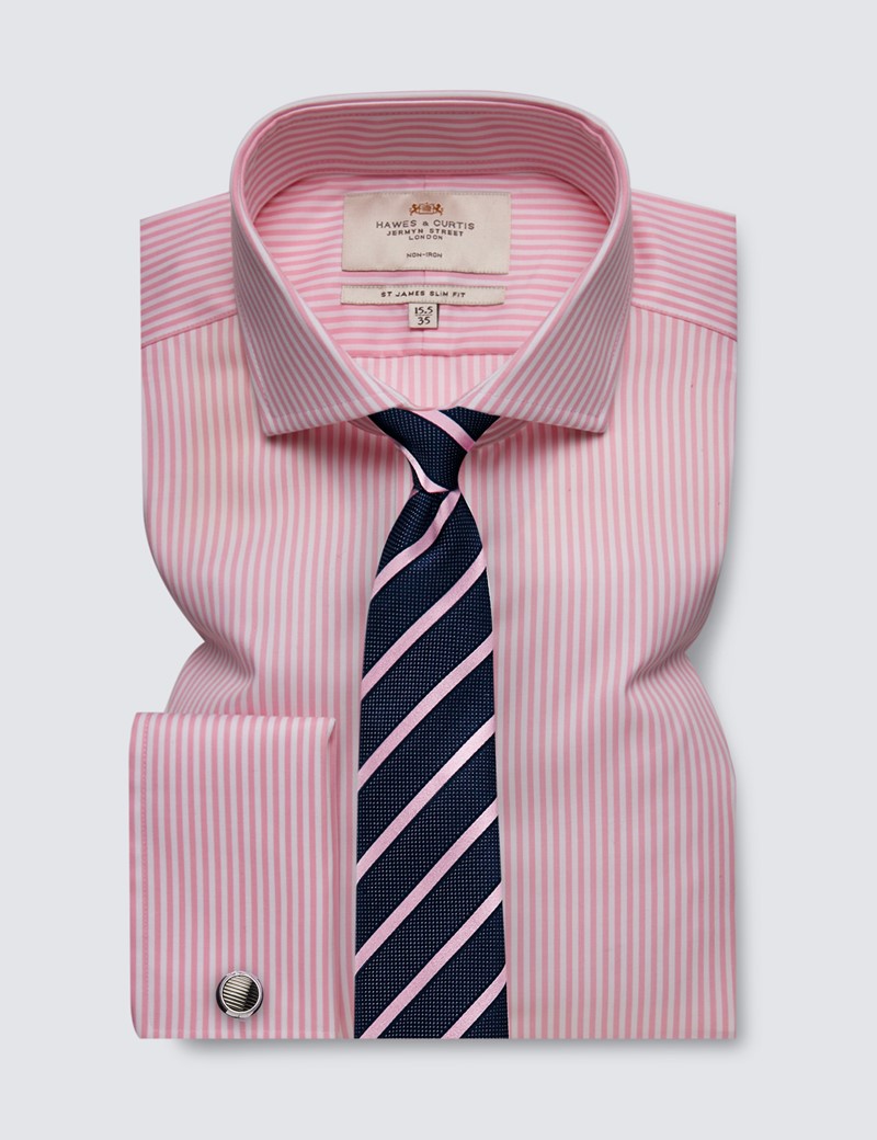 Men's Non-Iron Pink & White Bengal Stripe Slim Fit Shirt With Windsor  Collar - French Cuffs