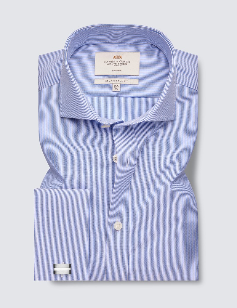 Bügelfreies Businesshemd – Slim Fit – Manschetten – blau weiß fein strukturiert