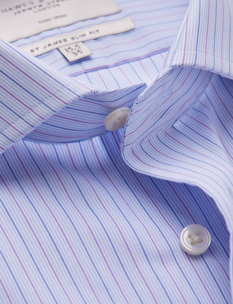 Non Iron Blue & Lilac Stripe Relaxed Slim Fit Shirt With Windsor Collar - Double Cuffs 