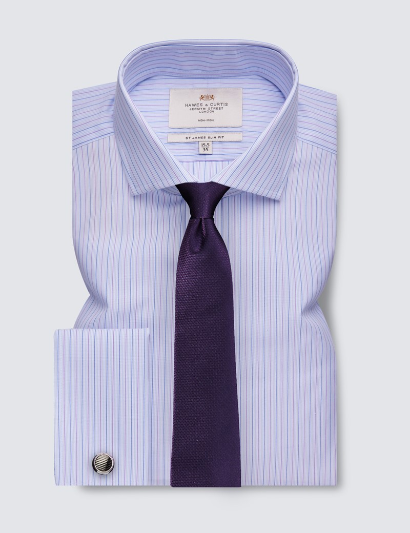 Non Iron Blue & Lilac Stripe Relaxed Slim Fit Shirt With Windsor Collar - Double Cuffs 
