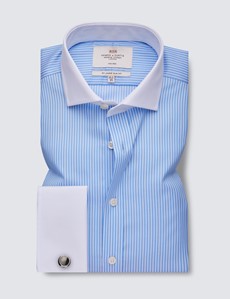 Non Iron Blue & White Stripe Relaxed Slim Fit Shirt With Windsor Collar - Double Cuffs 