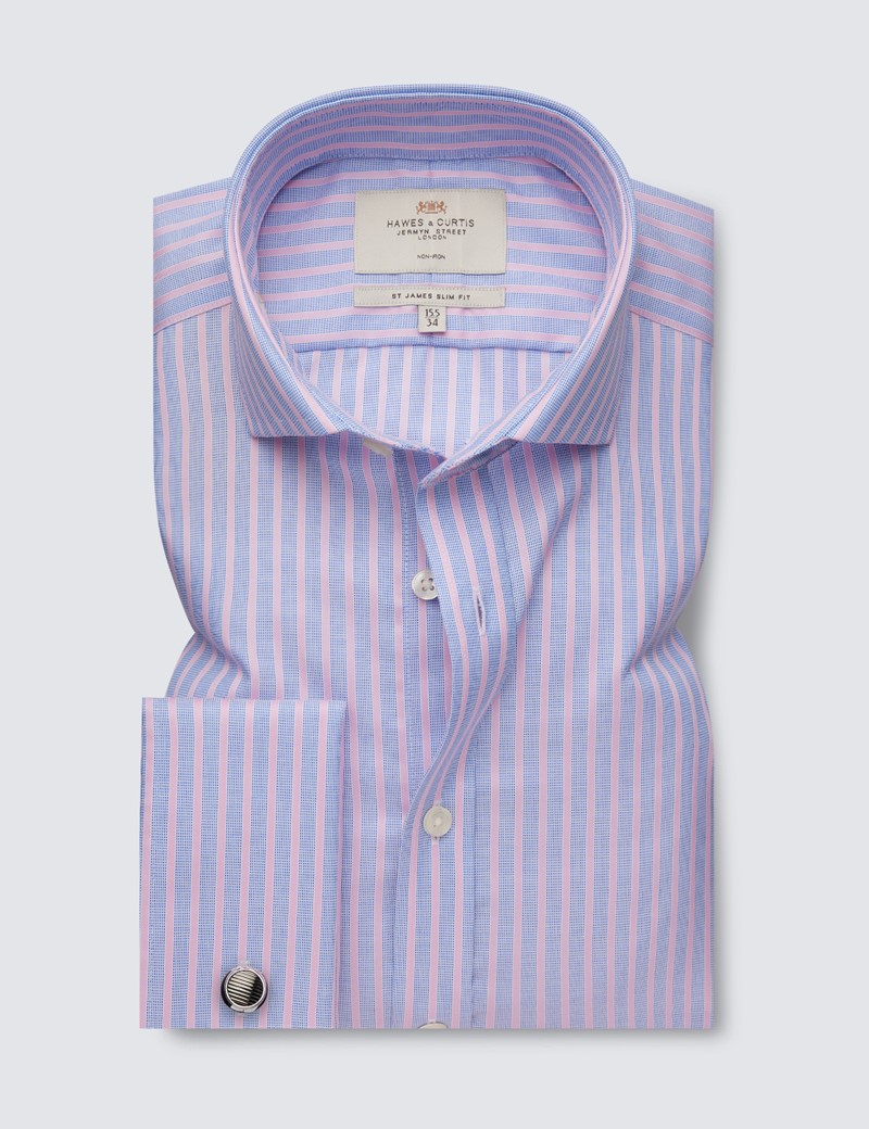 Non Iron Blue & Pink End On End Stripe Relaxed Slim Fit Shirt With Windsor Collar - Double Cuffs