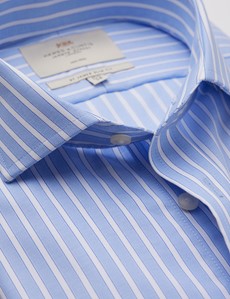 Non Iron Blue & White Guarded Stripe Relaxed Slim Fit Shirt With Windsor Collar - Double Cuffs