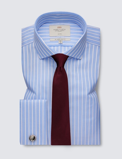 Non Iron Blue & White Guarded Stripe Relaxed Slim Fit Shirt With Windsor Collar - Double Cuffs