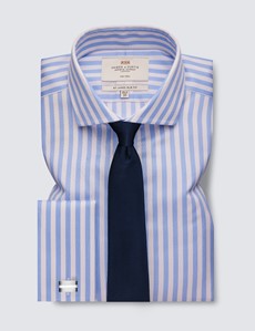 Non Iron Blue & White Bold Stripe Relaxed Slim Fit Shirt With Windsor Collar - Double Cuffs