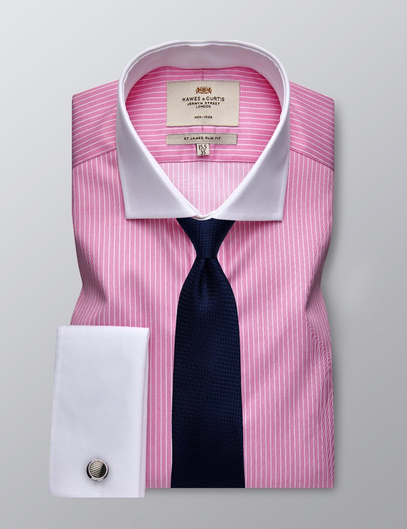 Men's Dress Pink & White Bi Color Stripe Slim Fit Shirt - French Cuff ...
