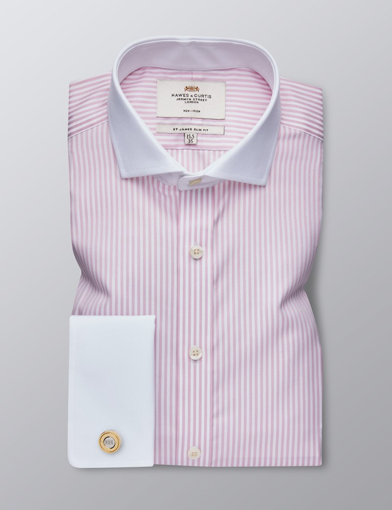 Men's Formal Light Pink & White Bengal Stripe Slim Fit Shirt - Double ...