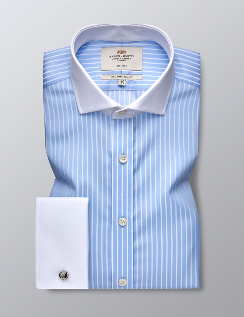 Men's Formal Light Blue & White Stripe Slim Fit Shirt - Double Cuff ...
