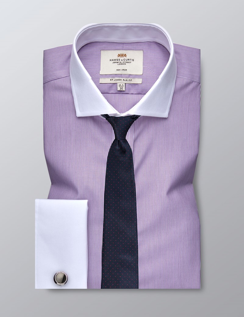 Men's Formal Lilac & White Stripe Slim Fit Shirt - Double Cuff ...