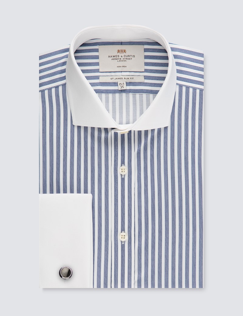 mens striped dress shirt with white collar