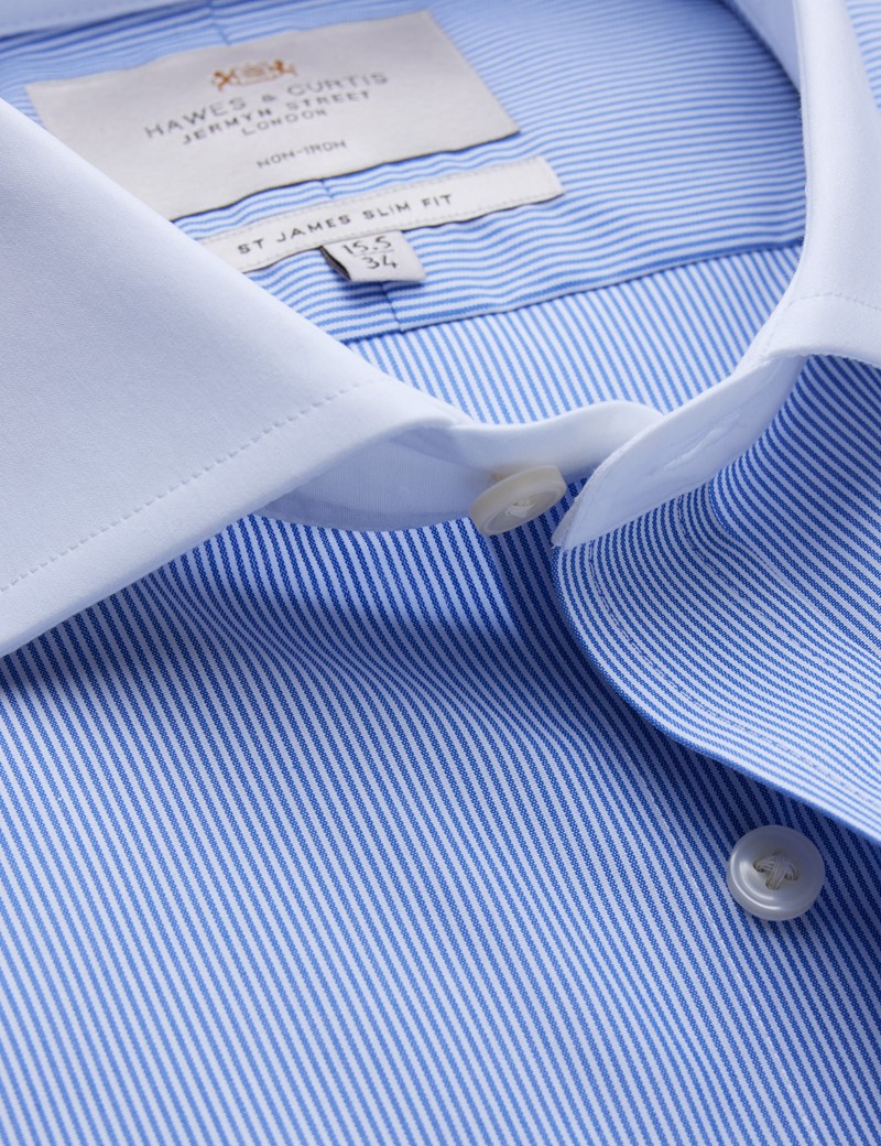 HAWES & CURTIS Mens Blue & White Fine Stripe Slim Fit Shirt French Cuff Easy Iron 