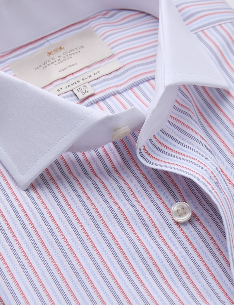 Men's Formal Red & Navy Multi Stripe Slim Fit Shirt with White Collar and Cuff - Double Cuff - Non Iron