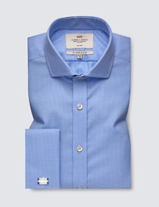 Men's Dress Blue & White Dogstooth Slim Fit Shirt with Windsor Collar and French Cuffs - Non Iron