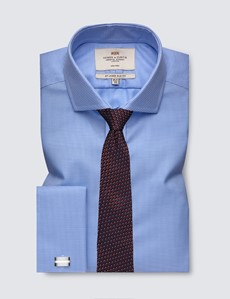 Men's Formal Blue & White Dogstooth Slim Fit Shirt with Windsor Collar and Double Cuffs - Non Iron