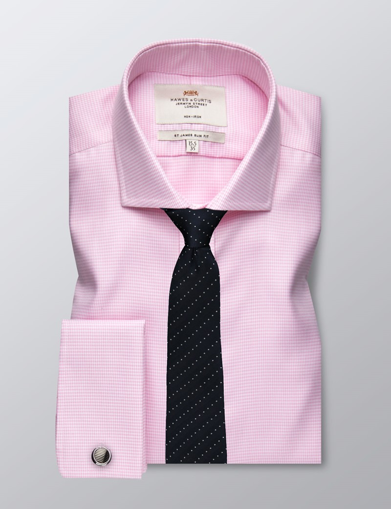 Men's Dress Pink Dogtooth Plaid Slim Fit Shirt - French Cuff - Windsor ...