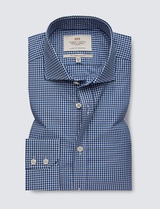Easy Iron Navy & White Gingham Check Relaxed Slim Fit Shirt With Windsor Collar - Single Cuffs