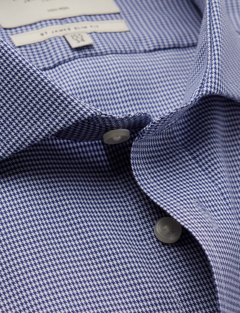 Non Iron Navy & White Dogtooth Relaxed Slim Fit Shirt With Windsor Collar - Single Cuffs