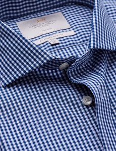 Men's Dress Navy & White Gingham Plaid Slim Fit Shirt - Windsor Collar - Single Cuff - Non Iron