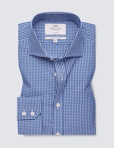 Men's Dress Navy & White Gingham Plaid Slim Fit Shirt - Windsor Collar - Single Cuff - Non Iron