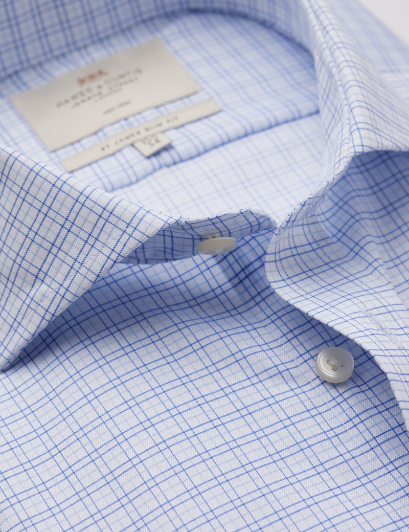 Non Iron Blue & White Multi Check Relaxed Slim Fit Shirt With Windsor Collar - Single Cuffs