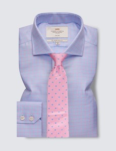 Non Iron Blue & Pink Check Relaxed Slim Fit Shirt With Windsor Collar - Single Cuffs