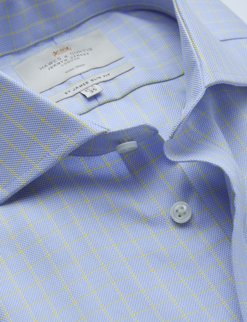 Men's Formal Blue & Yellow Textured Check Slim Fit Shirt - Windsor Collar - Single Cuff - Non Iron