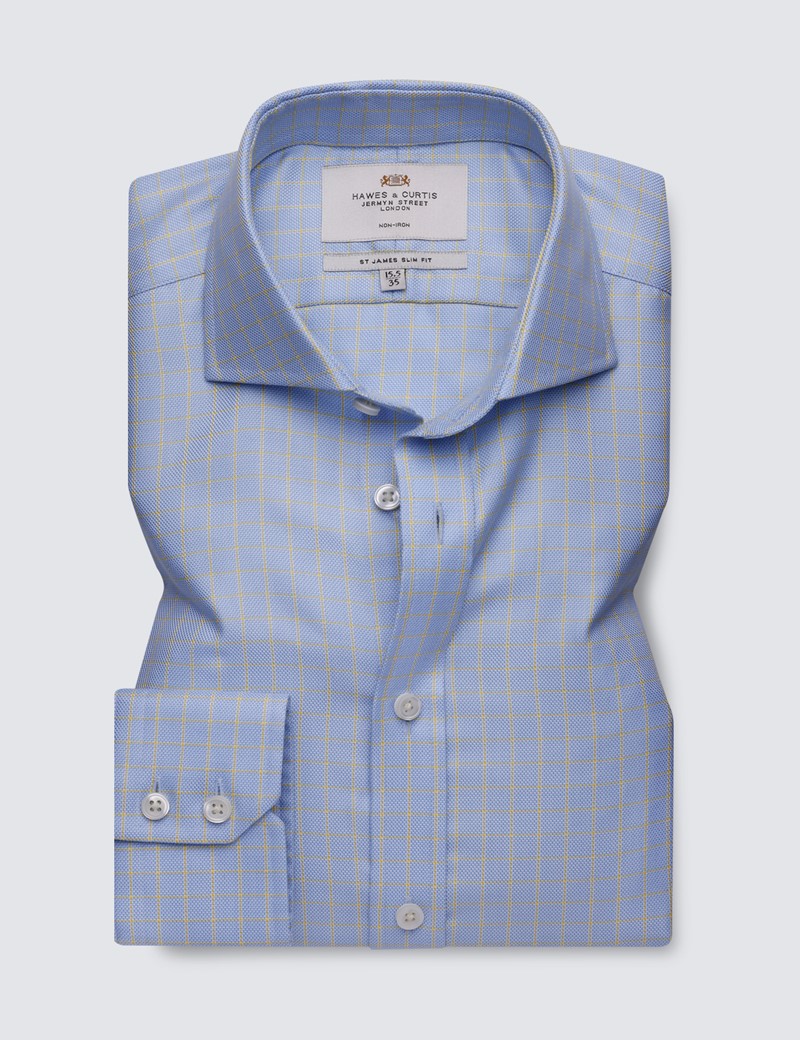 Men's Dress Blue & Yellow Textured Check Slim Fit Shirt - Windsor Collar - Single Cuff - Non Iron