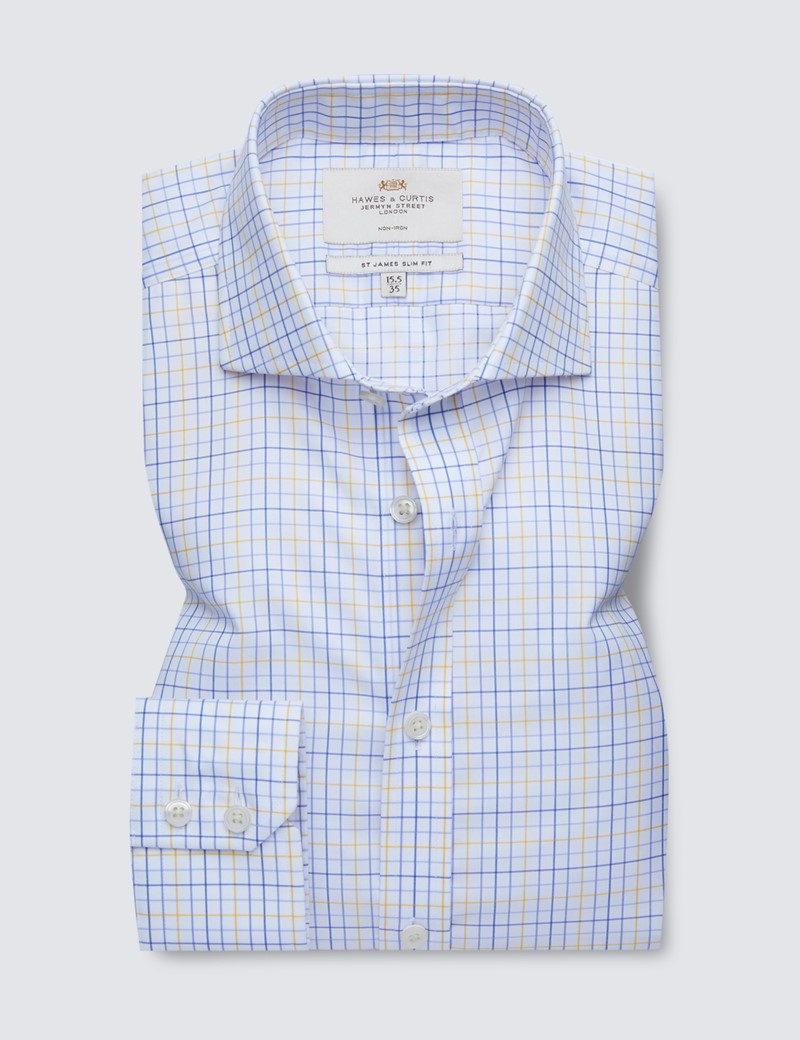 Non Iron Blue & Yellow Multi Check Slim Fit Shirt with Windsor Collar 
