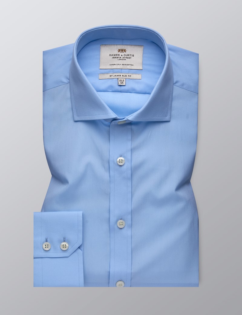 Men's Business Blue Poplin Slim Fit Shirt - Windsor Collar - Single Cuff