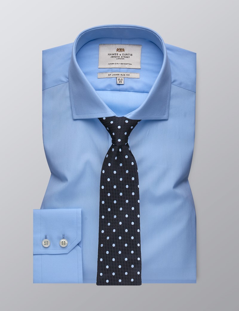 Men's Business Blue Poplin Slim Fit Shirt - Windsor Collar - Single Cuff