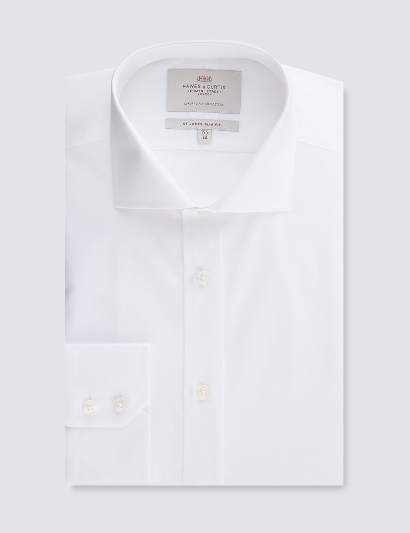 Easy Iron White Poplin Relaxed Slim Fit Shirt With Windsor Collar - Single Cuffs