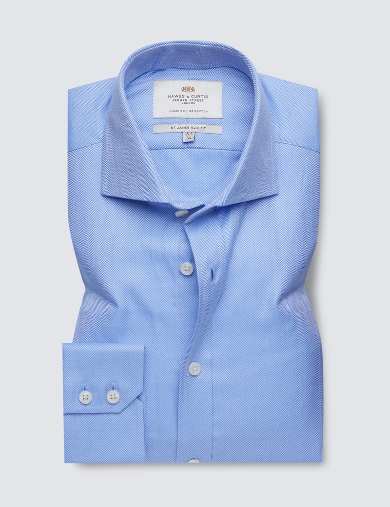 Easy Iron Blue Herringbone Slim Fit Shirt with Windsor Collar