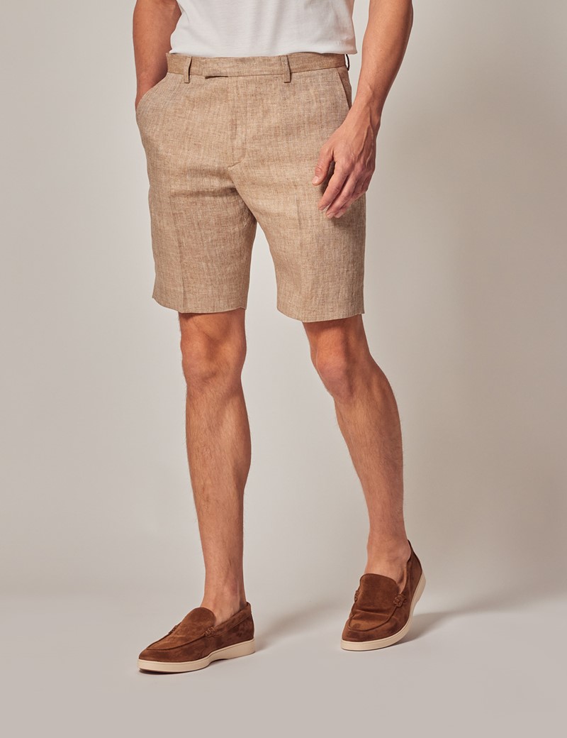 Beige Herringbone Italian Linen Shorts – 1913 Collection | Hawes