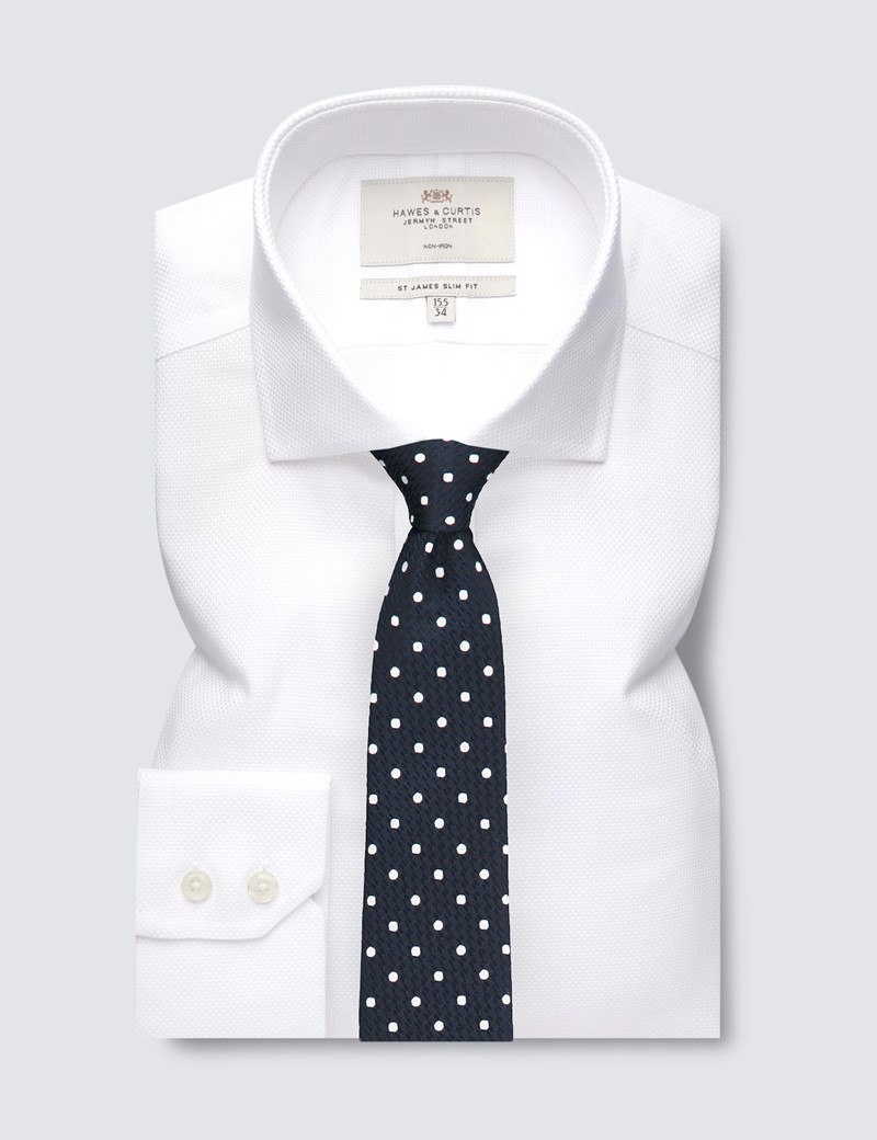 Non Iron White Dobby Relaxed Slim Fit Shirt with Windsor Collar - Single Cuffs