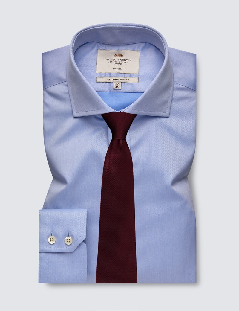 Men's Formal Blue Twill Slim Fit Shirt with Windsor Collar and Single Cuffs - Non Iron
