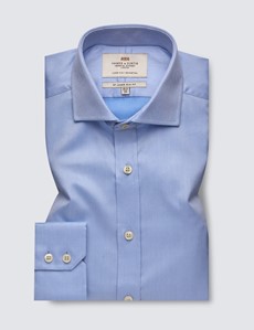 Men's Formal Blue Pique Slim Fit Shirt with Windsor Collar and Single Cuffs - Easy Iron 